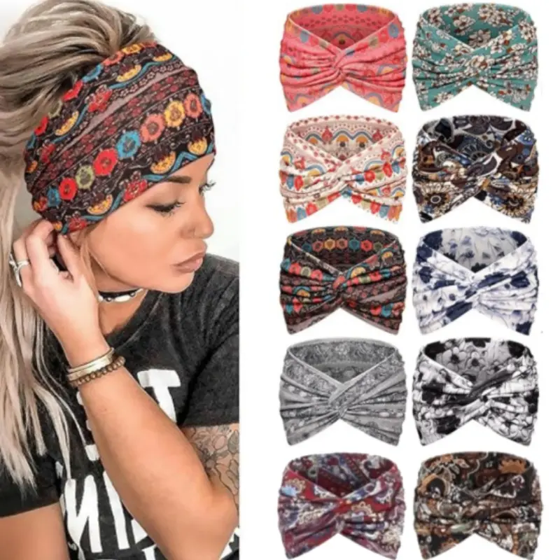 10pcs Wide Headbands for Women, 7.08 Inch Thick Boho Turban Style Hair Wraps, Non-Slip Moisture-Wicking Workout Headband for Sports, Yoga, Daily Fashion