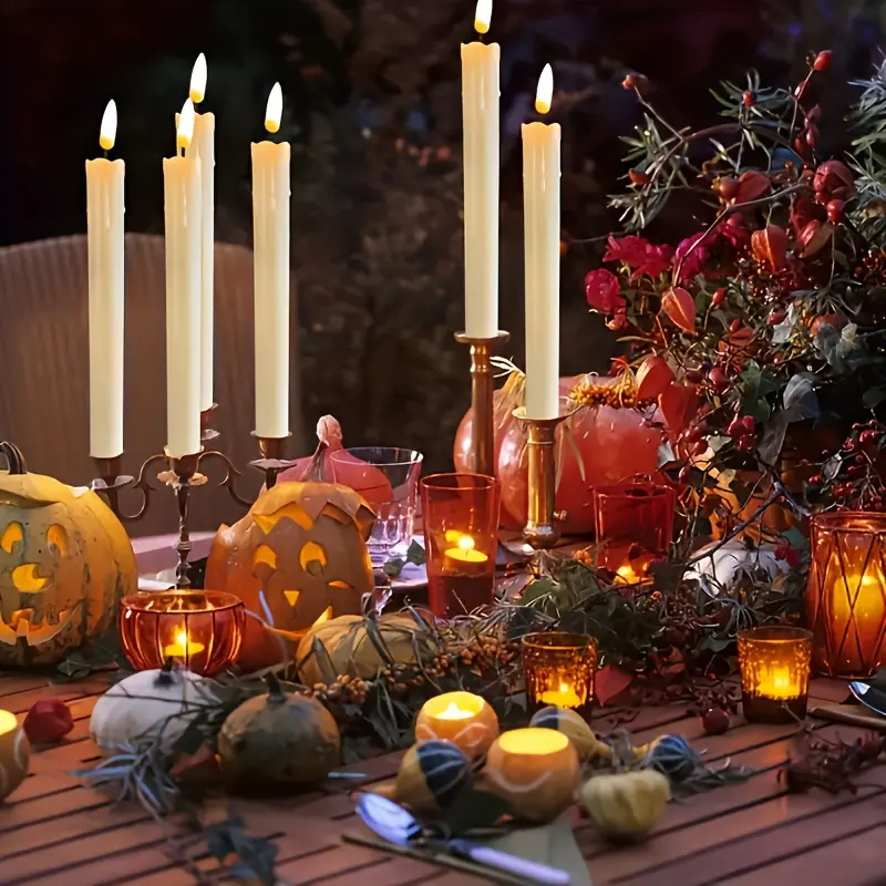 6-Pack Ivory Halloween Flameless Candles - 3D Dripping Wax, Battery-Powered LED Flickering Lights, Remote Control, Timer, Flameless Safety, for Spooky Indoor-Outdoor Decor, Haunted House Gift
