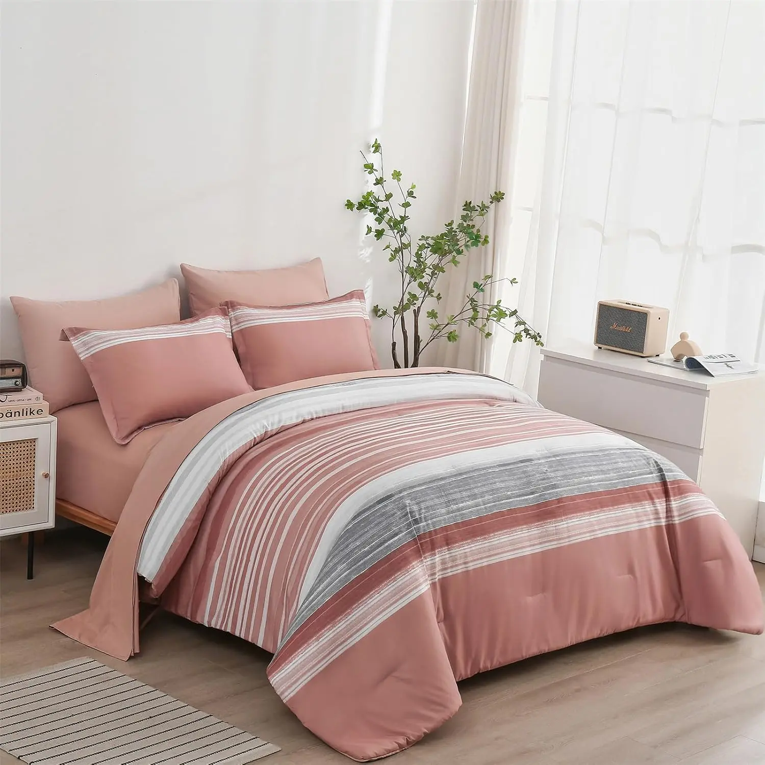 7 a Bag Stripe Comforter Queen Size, White Grey Blush Pink Patchwork Striped Comforter and Sheet, Microfiber Complete Sets(Pink,Queen)