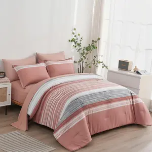 7 a Bag Stripe Comforter Queen Size, White Grey Blush Pink Patchwork Striped Comforter and Sheet, Microfiber Complete Sets(Pink,Queen)