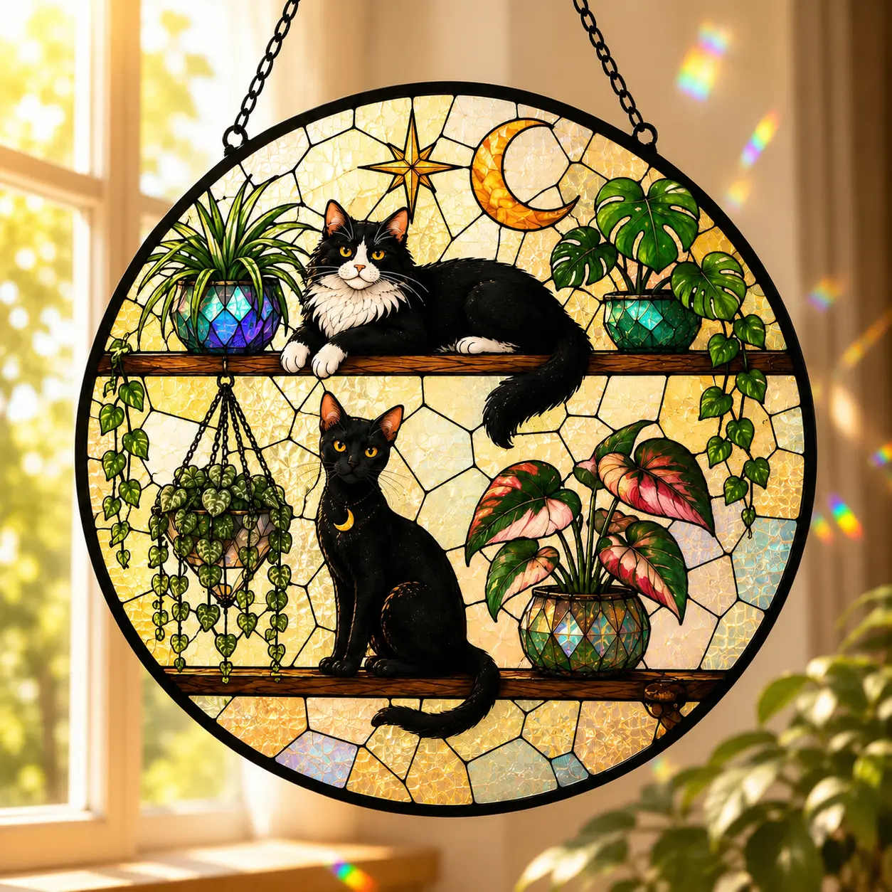 Black Cat Suncatcher, Stained Glass Style Window Hanging Decor, Botanical Cat Lover Gift, Colorful Acrylic Sun Catcher, Garden Home Decor
