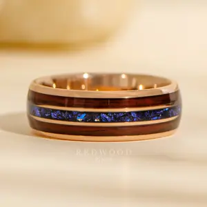 Rose Gold Redwood Sapphire Ring, Blue Lab Sapphire and Sequoia Inlays - 8MM