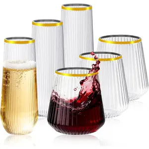 56 Pack Plastic  Glasses Disposable Ribbed  Champagne Flutes, 32 count 9 OZ Stemless Champagne Flutes & 24 count 14 OZ Disposable  Glasses,