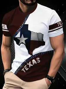 Men's Texas Flag 3D Digital Print T-Shirt, Top, Menswear, Wine Colorblock Streetwear Street Style Short Sleeve, Breathable Casual Fit, All Seasons