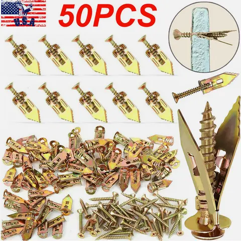 SJPACK 50pcs Self-Drilling Carbon Steel Drywall Anchors & Zinc-Coated Screws Kit - 12x30mm Hollow Anchors, 4x30mm Screws, Corrosion Resistance, Flat Reusable Hooks, Deep Thread Grip, 66lbs Hold, Fast Installation for Gypsum Boards, Picture Frame, Curtains