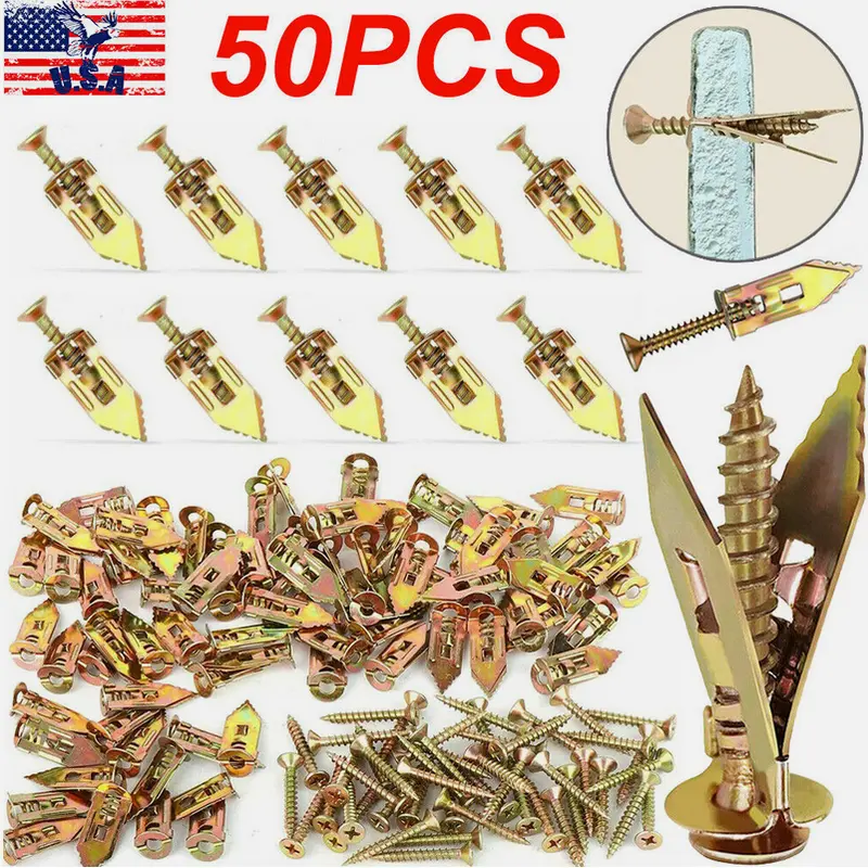 SJPACK 50pcs Self-Drilling Carbon Steel Drywall Anchors & Zinc-Coated Screws Kit - 12x30mm Hollow Anchors, 4x30mm Screws, Corrosion Resistance, Flat Reusable Hooks, Deep Thread Grip, 66lbs Hold, Fast Installation for Gypsum Boards, Picture Frame, Curtains