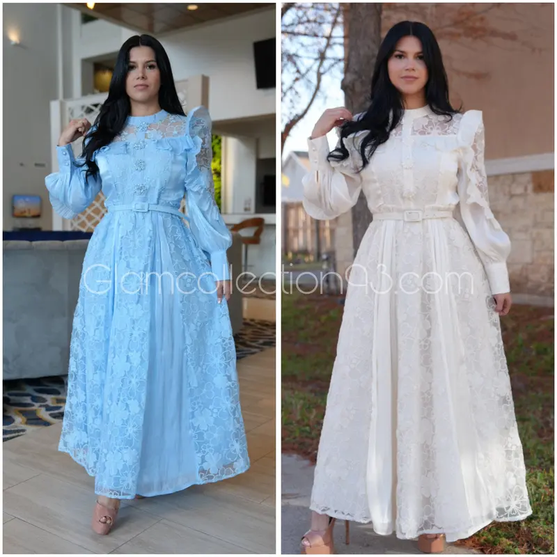 knee length dresses for ladies Bohemian Dress Loose Floral Embroidery Long Sleeve Ethnic White Dress – SOBE main image 0