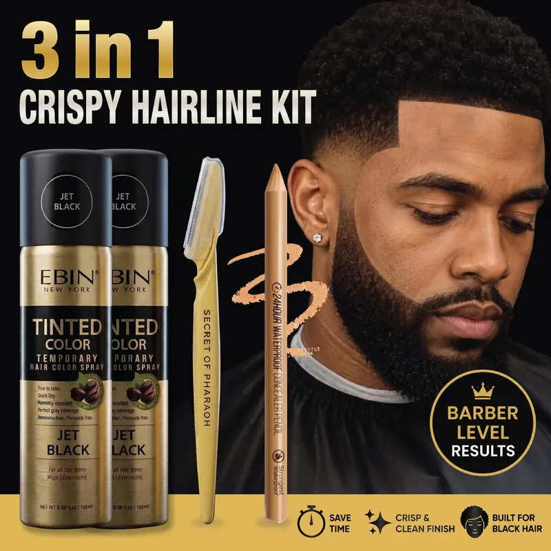 Men's Unscented 3-In-1 Hair Care Temporary Hairline Enhancement Spray Kit - Free Precision Razor, Sweatproof Pencil, 3-Step Adult At-Home Use, Gap-Blending, Long-Lasting Natural Bold Finish (Jet Black)