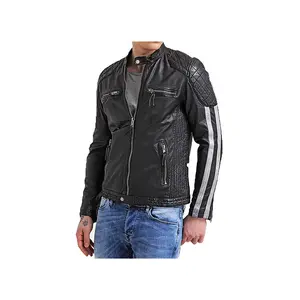 Men's Double Striped Snap Collar Moto Jacket - Genuine Leather with Classic Design
