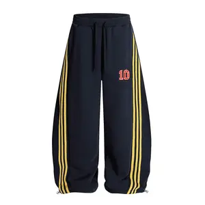 Three-Stripe Wide-Leg Couple Scimitar Sweatpants Men Loose Straight Casual Trendy Sports Pants with Gold Stripes and Number 10