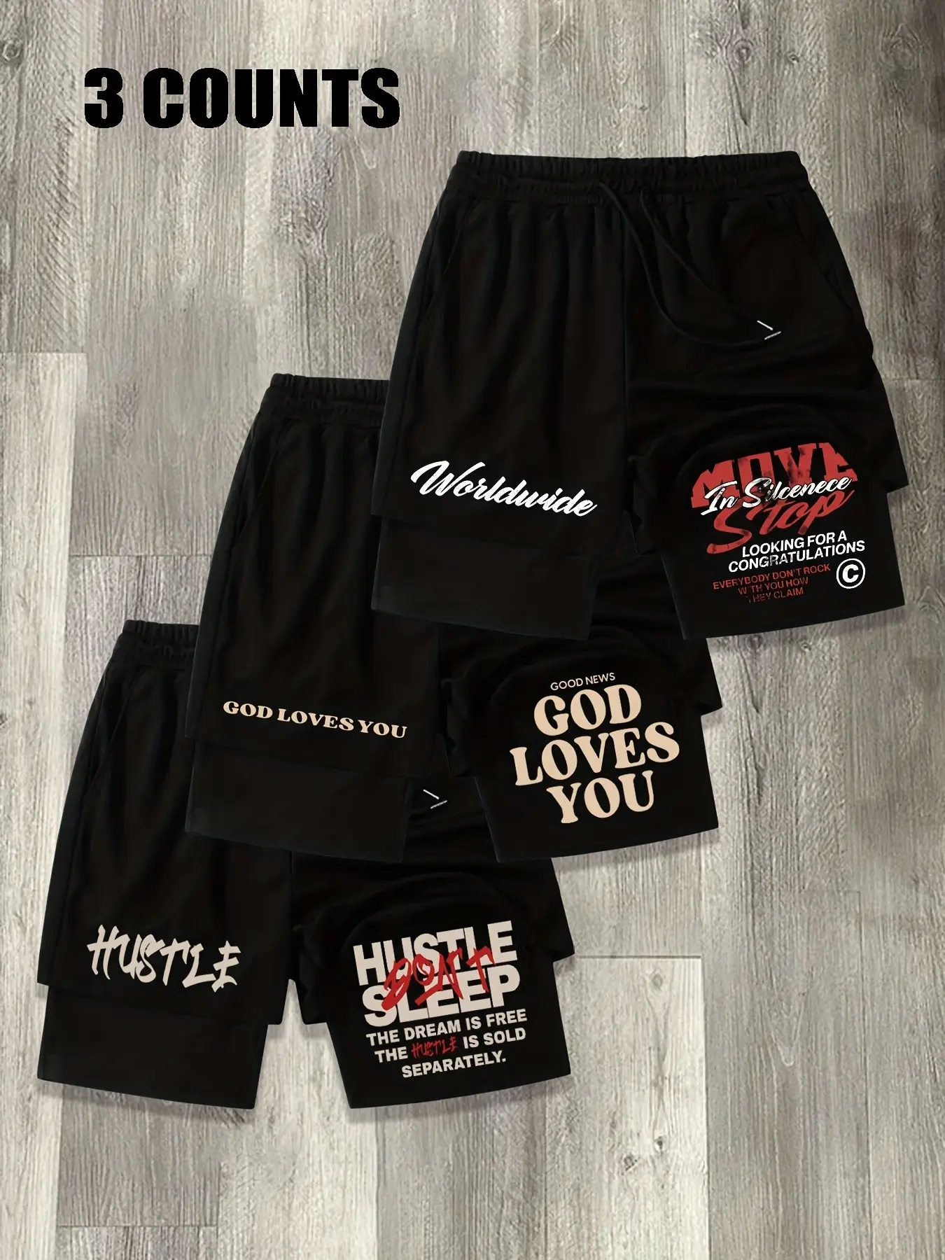 Men's 3-Pack God Loves You & Hustle 2-in-1 Shorts - Motivational Religious Print Black Athletic Shorts, Compression Liner Workout Shorts, Elastic Waist Shorts, Casual Sports Shorts