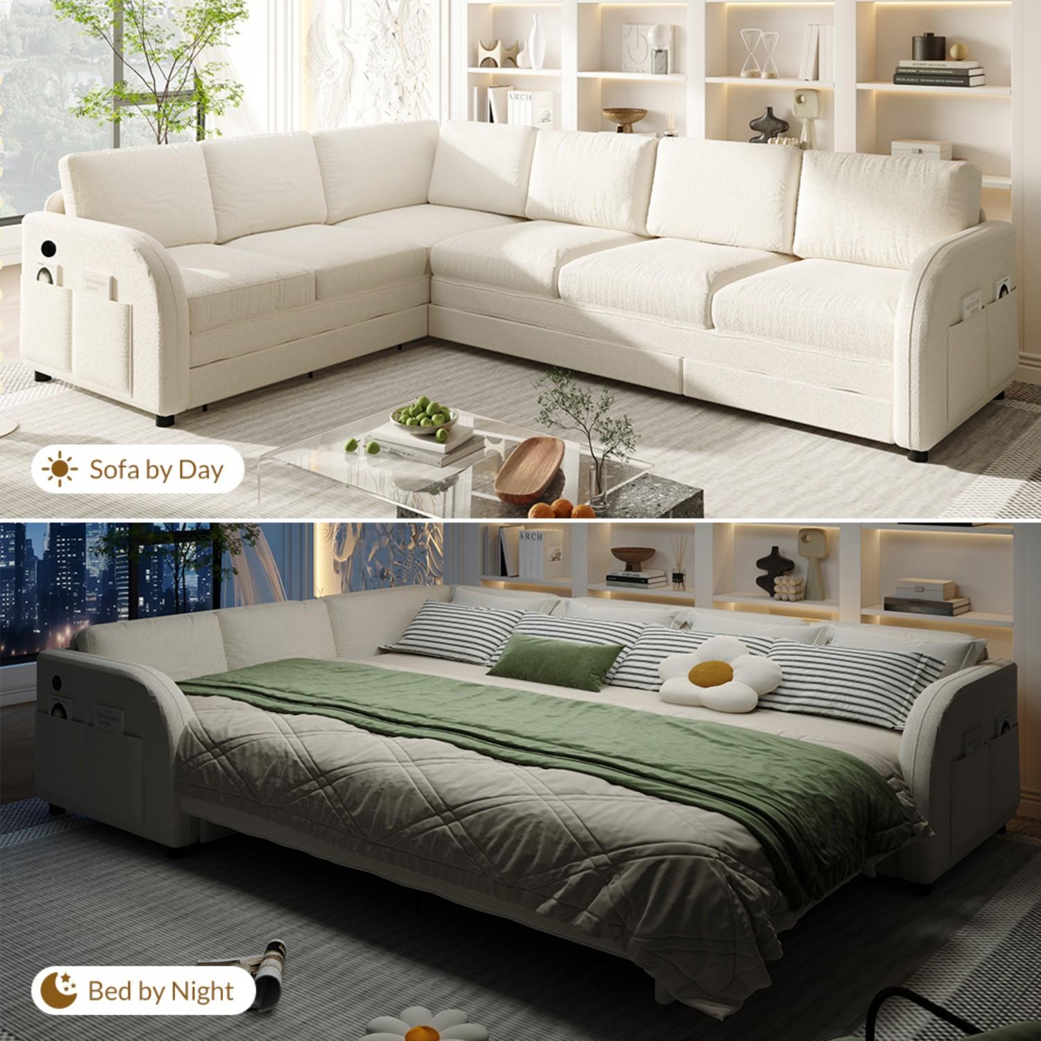 【3 Packages shipping】115.2" 6 Seat L-Shape Modular Couch with Pull-Out Bed,Oversize Convertible Sleeper Sofa with side Pocket & USB Port,Teddy Upholstered Sectional Couches,Convertible Sofa Lounge bed,For Apartment,Office,living room furniture