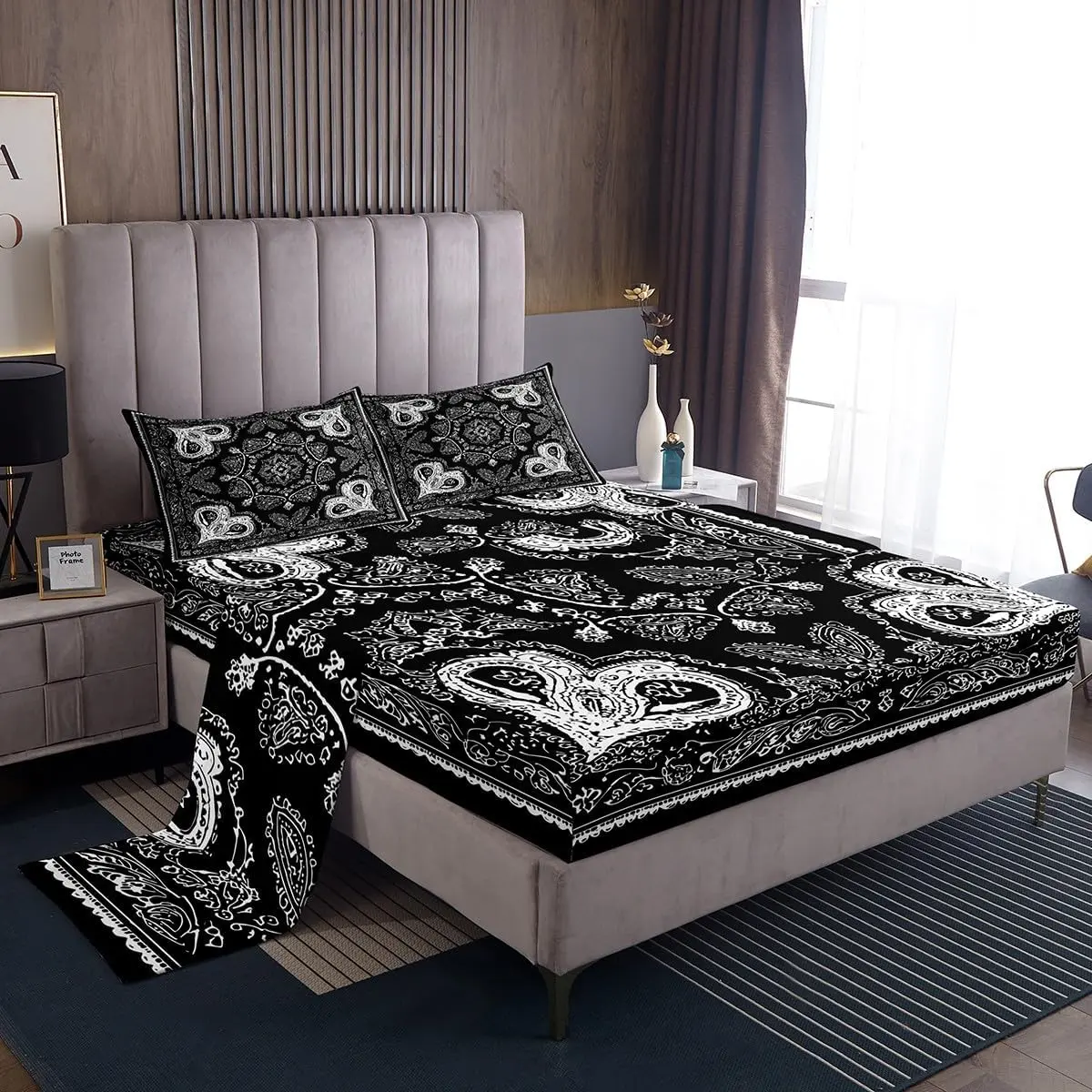 Paisley Floral Sheet Set,Bohemian Style Bedding Set,Vintage Damask Pattern Down Bed Sheet Woman Adult Room Decor,Luxurious Black White Fitted +Flat Sheets