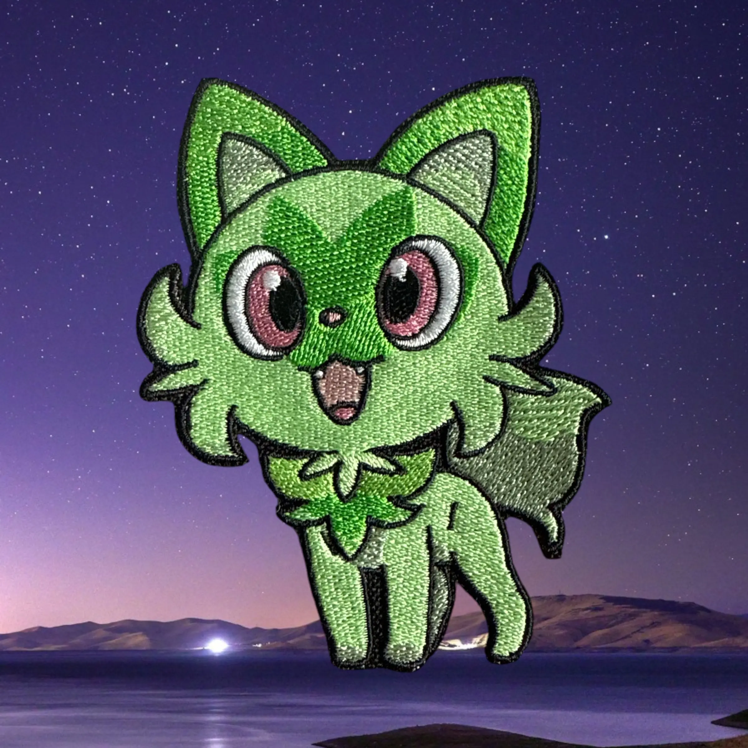 Sprigatito Pokemon Embroidery Patch Green Cat Design with Starry Night Background for Crafting Sewing Personalization