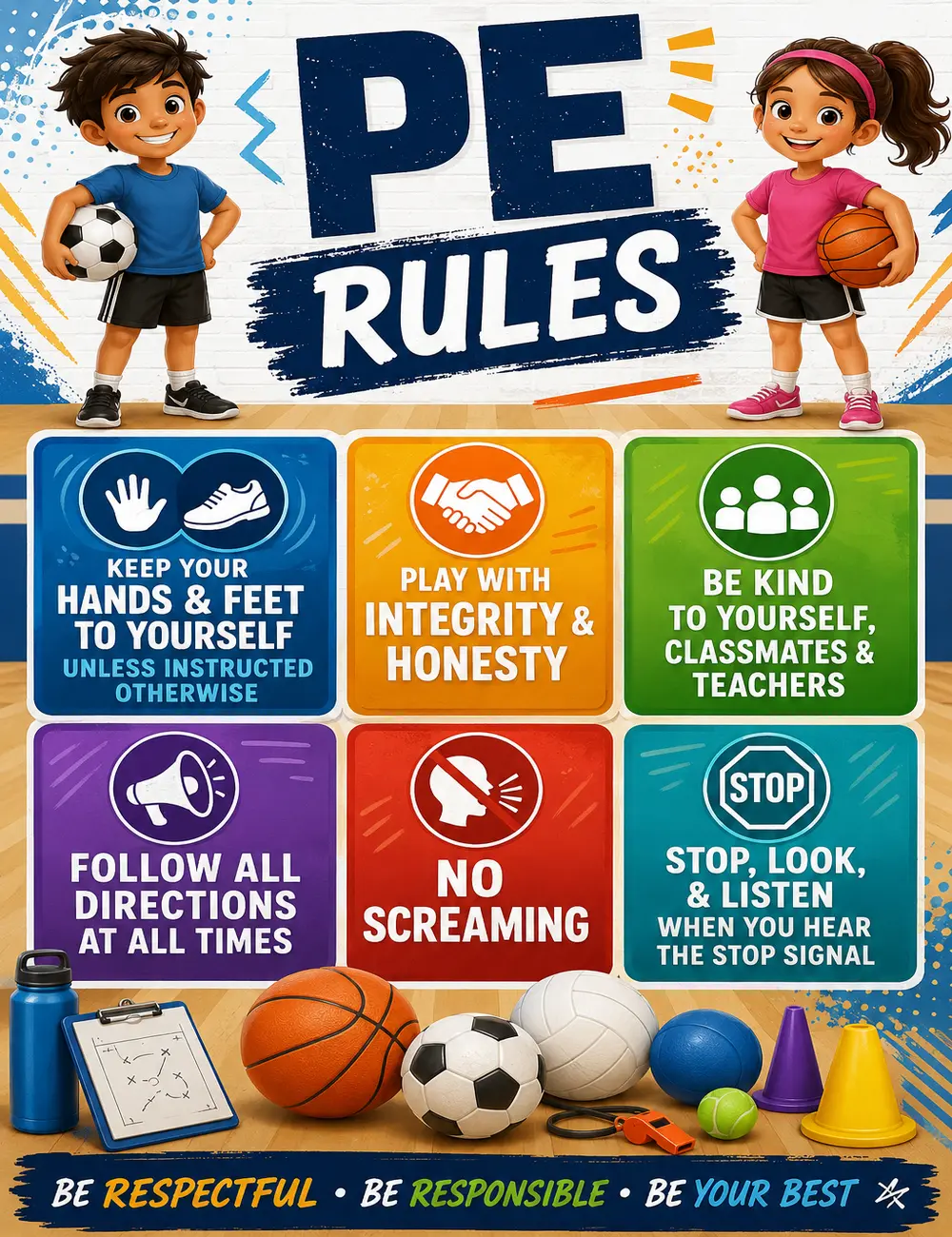 PE Rules Classroom Poster , Physical Education Expectations Chart , Gym Rules Wall Decor , Sports Class Behavior Poster , Respect Responsibility Integrity Honesty , Teacher Classroom Management , Elementary School Printable PDF Digital Download