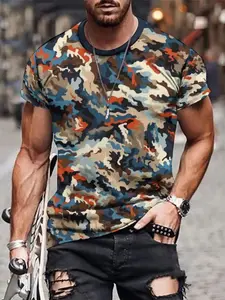 Men's Camouflage Pattern 3D Printed Short Sleeve Round Neck T-Shirt, Summer Outdoor Sports Wear, Casual Fitted Knit Top, Outdoor Sportswear, Outdoor Clothing