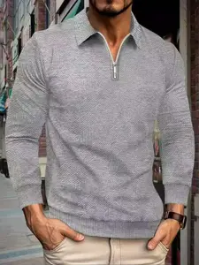 Men's Half-Zip Polo Sweater, Fashion Textured Pullover, Casual Daily Wear Comfortable Top, Autumn Winter Trendy Clothing