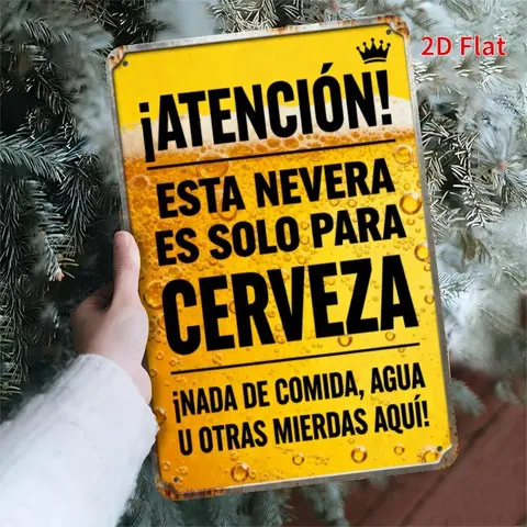 1pc Non-Magnetic Iron 2D Flat Metal Sign - Rustic Playful Standard Bar-Style Decor, Adult Spanish Humor "Attention! This Refrigerator Is Only for Storing Beer" Print, Easy Wall Hang, Weatherproof, Built to Resist Fading & Damage, Indoor/Outdoor Home Decor