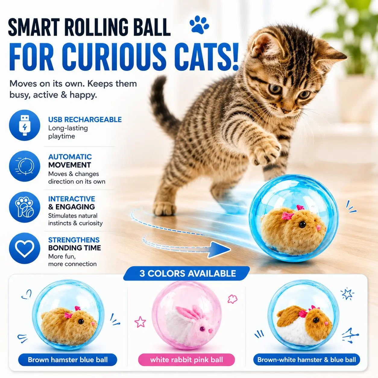 Cat Interactive Smart Rolling Hamster Ball Toy - Cute Viral Self-Playing Accessory for Bored Indoor Cats (Pet Supplies)