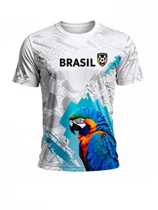 Brazil Parrot and Football Design T-Shirt, Round Neck, Stretch Fabric, Sporty Style, Sport Top, Short Sleeve, Long Fit, All Seasons