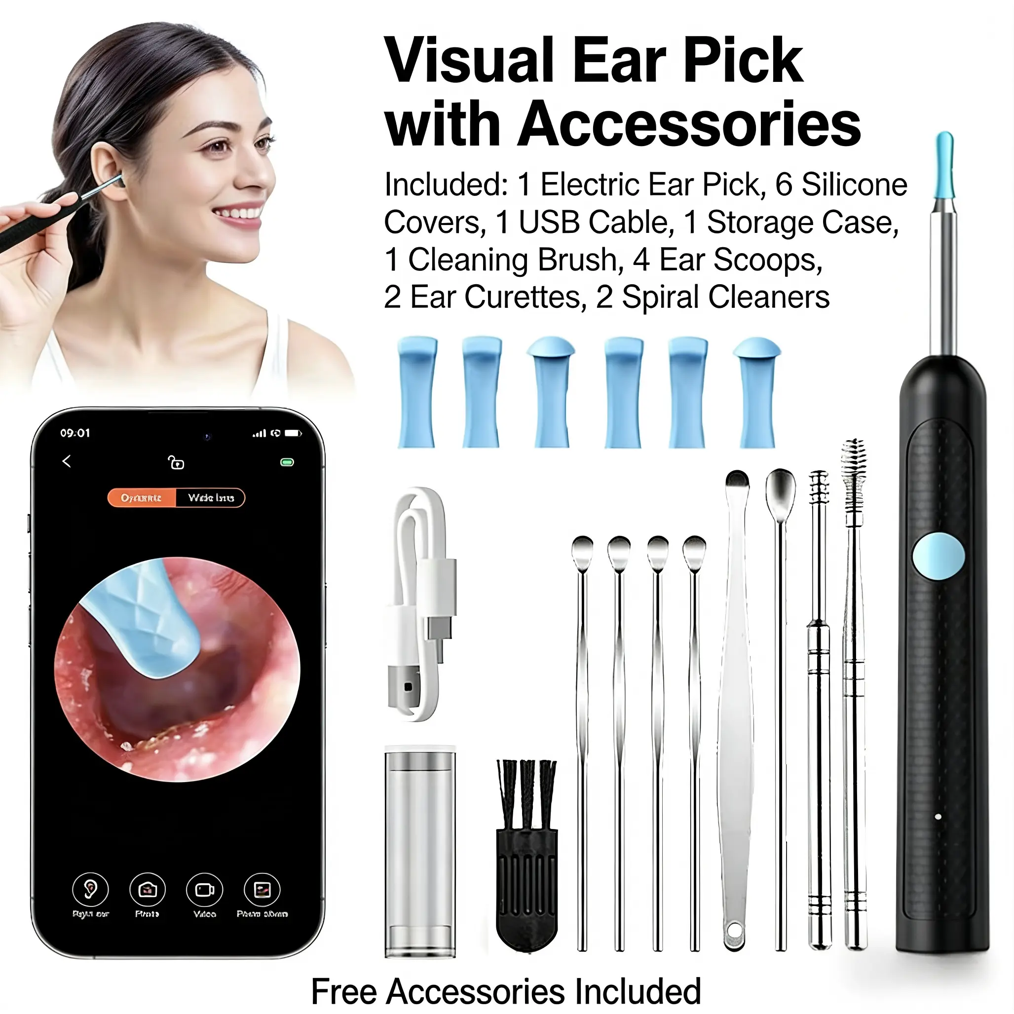 Smart Visual Ear Cleaner Kit with HD Camera, Rechargeable Waterproof Earwax Removal Tool with Medical Silicone Tips for iPhone & Android, 150G, Waterproof Dual Power, Usb Cable, Single Item, Camera Ear Cleaning Earwax Removal Products, Hd Visual Earwax Re