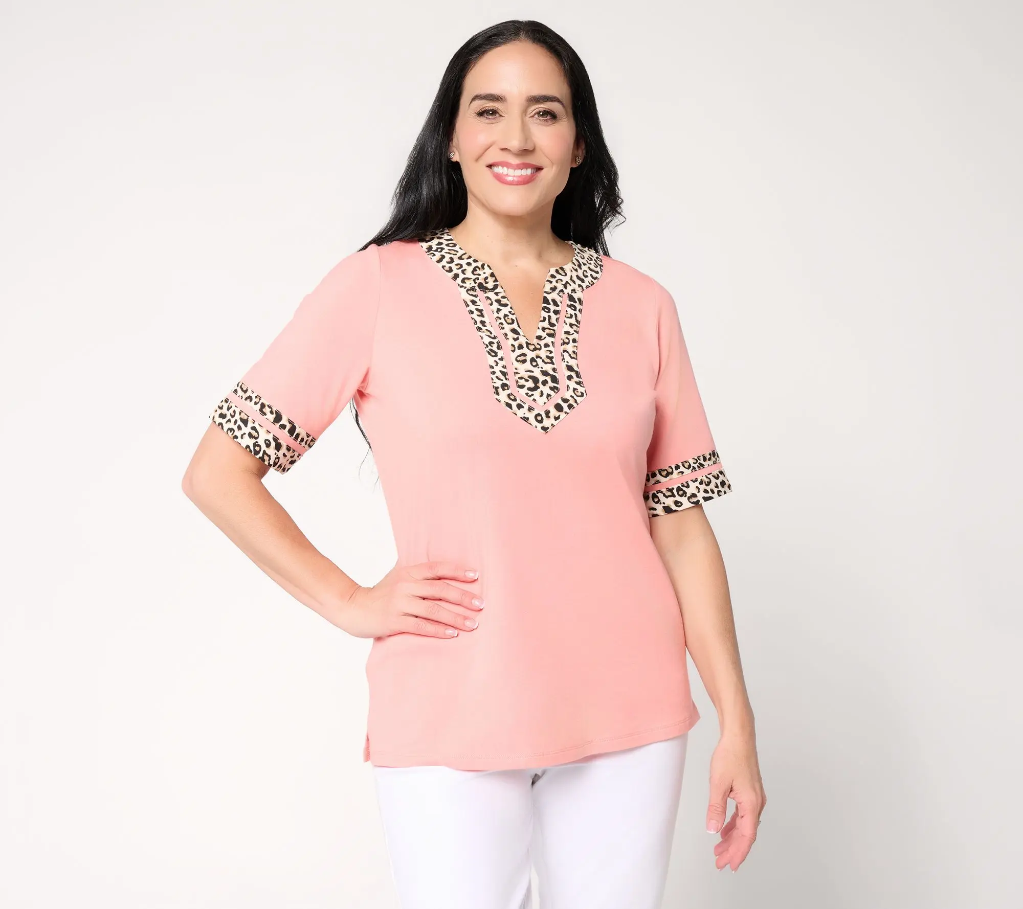 Belle by Kim Gravel Triple Luxe Lady Leopard Split Neck Top
