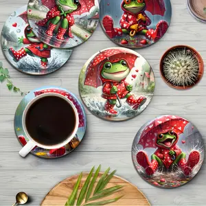 Frog Design Round Coaster, 6 Counts/set Heat Resistant Non-slip Cup Mat, Decorative Coaster for Home Kitchen & Dining Room & Office
