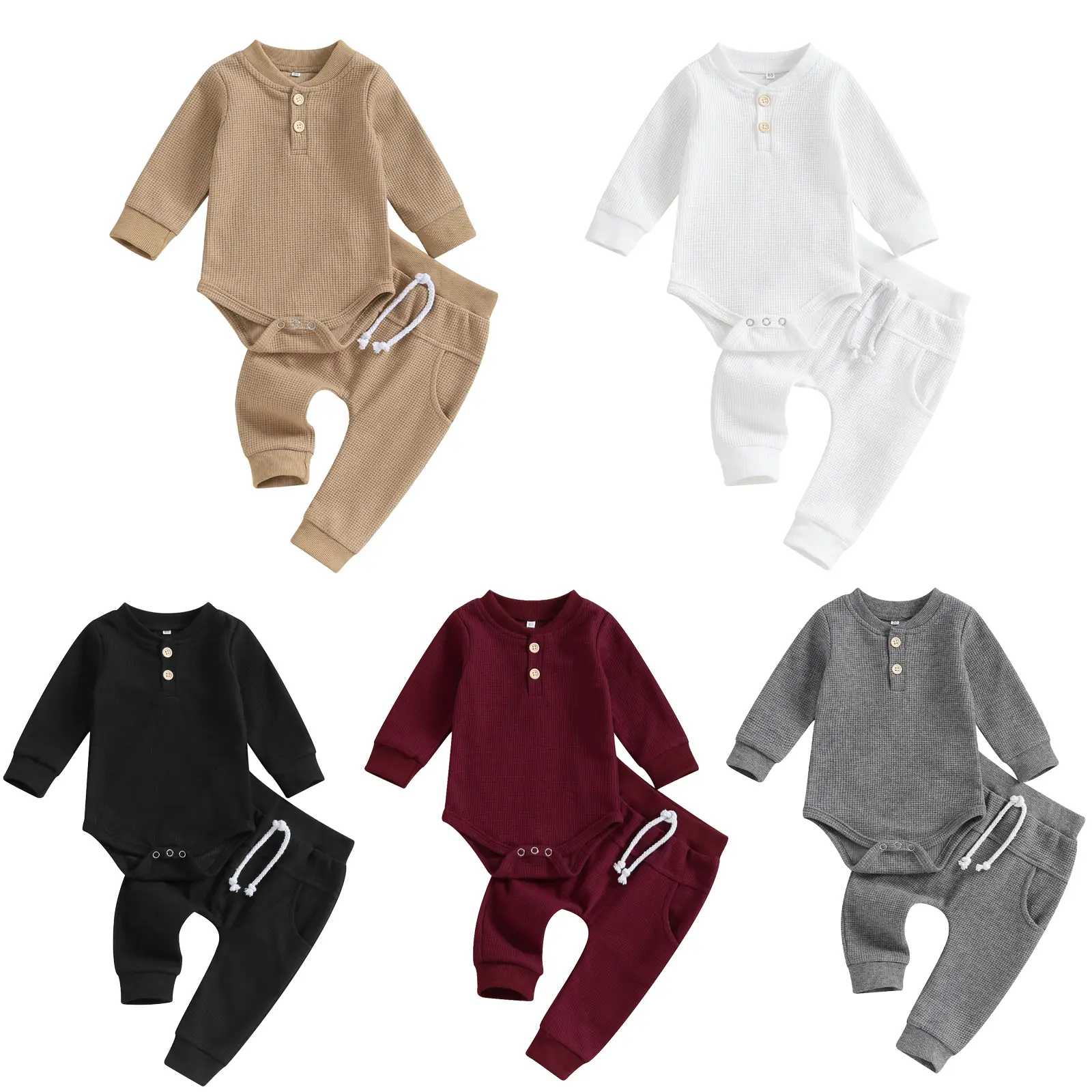 Newborn Baby Boy Clothes Button Long Sleeve Romper Bodysuit Elastic Waist Pants Infant Soft Waffle Fall Winter 2Pcs Outfits #Springtok