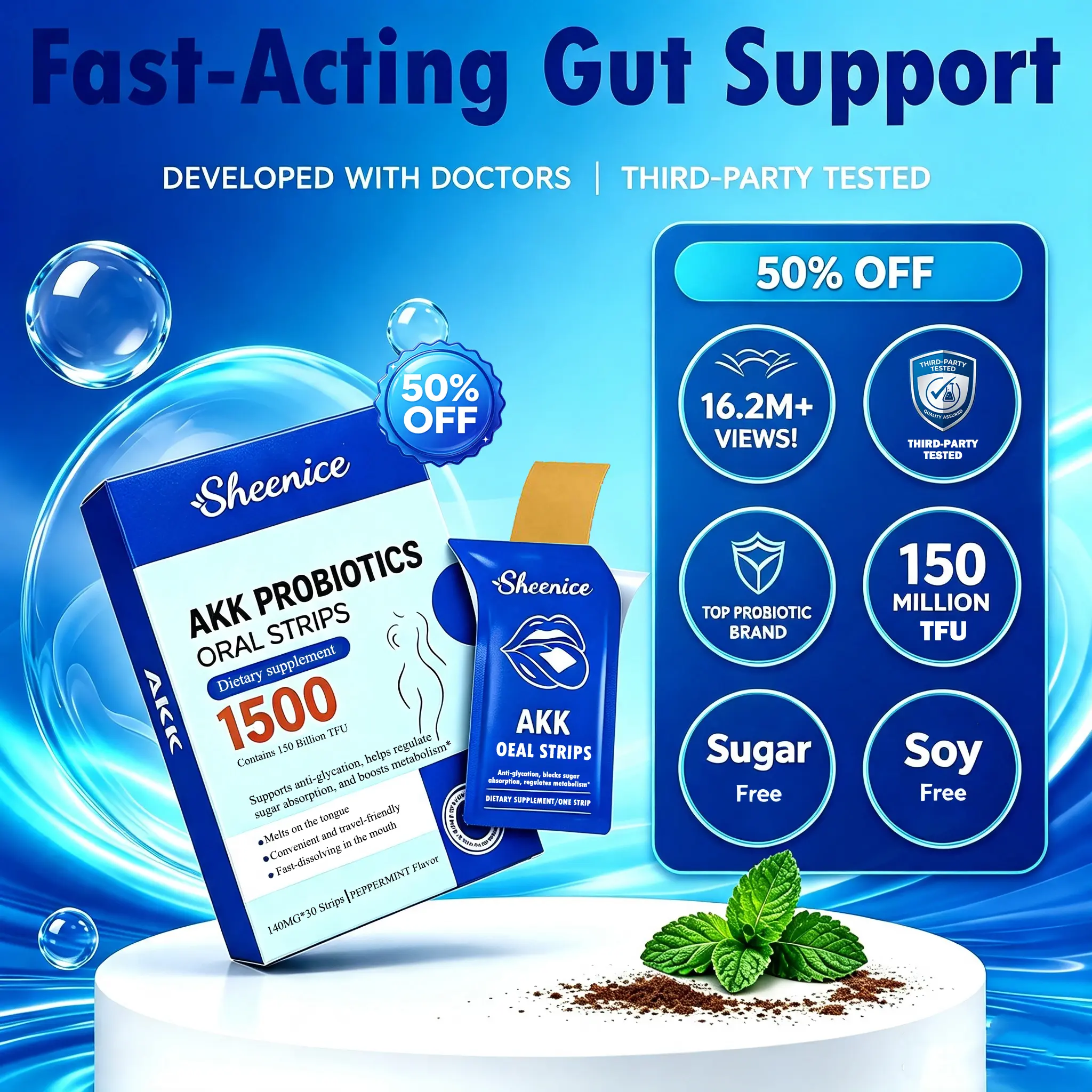 Sheenice Akkermansia Probiotic Fast Dissolving Strips, Metabolic Support, Contains 150 Billion TFU Live Active Probiotics, Delayed‑Release Technology, Third‑Party Tested, 30 Strips