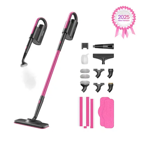 Schenley 18-in-1 Lightweight Steam Mop with Detachable Handheld Steamer (US Plug, 248°F Max Temp, Rapid Heat-Up) for Hard Floors, Tiles, Windows, Bathroom Sinks, 16 ft Reach, Wall Mount, Multi-Purpose Accessories, Washable Microfiber Pads, Disposable Pads