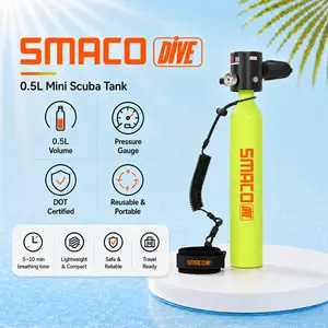 SMACO S300 0.5L Mini Scuba Tank DOT Certified With Pressure Gauge 6061 Aluminum Pony Bottle With Safety Lanyard For Adult Quick Dives Recreational Diving Pool Snorkeling Boat Cleaning Marine Maintenance Emergency Backup Air Source