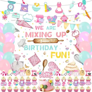 59 Pcs Baking Birthday Party Supplies, Baking Themed Decorations with Backdrop, Banners, Balloons, Cake & Cupcake Toppers in Pink