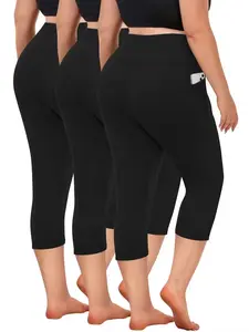 3Pack Plus Size Women's Capri Yoga Pants with Pockets Essential High Waisted Capri Legging for Workout Black Capri Leggings