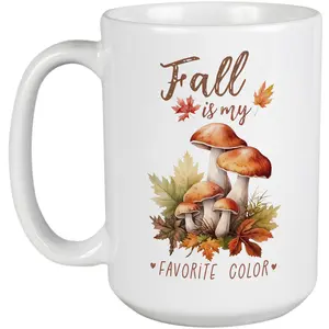 Fall Is My Favorite Color with Mushrooms & Autumn Leaves Art Merch Gift, White 15oz Ceramic Mug