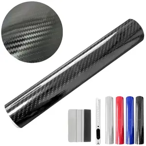 7D Carbon Fiber 5FT x 0.7 FT Vinyl Wraps with Cutter and Hand Tool Kit, Car DIY Wrap Vinyl Roll Film Self-Adhesive Twill Weave Sheet Sticker Air Release Technology, Car Internal and External Decoration Accessories 60 x 8 inch