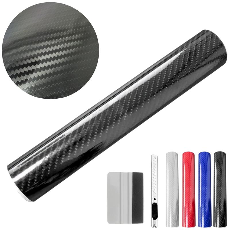 7D Carbon Fiber 5FT x 0.7 FT Vinyl Wraps with Cutter and Hand Tool Kit, Car DIY Wrap Vinyl Roll Film Self-Adhesive Twill Weave Sheet Sticker Air Release Technology, Car Internal and External Decoration Accessories 60 x 8 inch