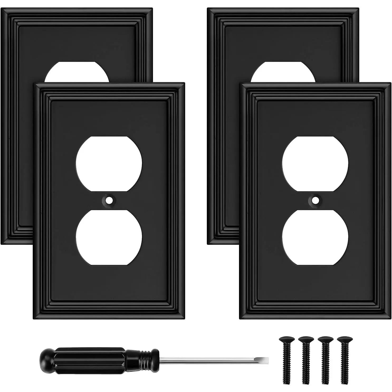 Black Modern Decorative Outlet Covers Wall Plate Electrical  Plates and Receptacle Outlet Covers  Fiber Material Wall Plates for Kitchen Bathroom (1 Gang Duplex Outlet-4 Pack)
