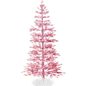 Best Choice Products Pre-Lit Flocked Slim Artificial Christmas Tree – 4.5ft–12ft, White & Multicolor LED Lights, Pink, Black, Green