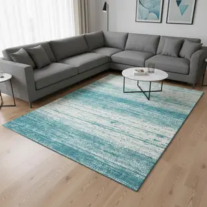 HomeRoots 668198 9x12 ft. Teal & Ivory Striped Transitional Strip Area Rug, Machine-Made Rectangle Rug with Washable Fabric & UV Protection, Strip Area Rugs