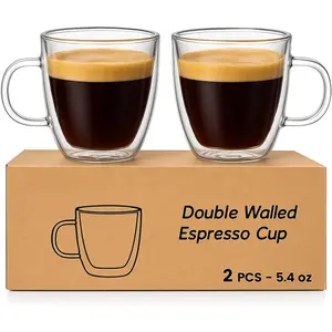 Glass Double Wall Insulated Espresso Cups (Set of 2), 5.4 oz Shots Cup with Handle, Insulated Glasses Mugs, Small Coffee Cups, Shot Glass