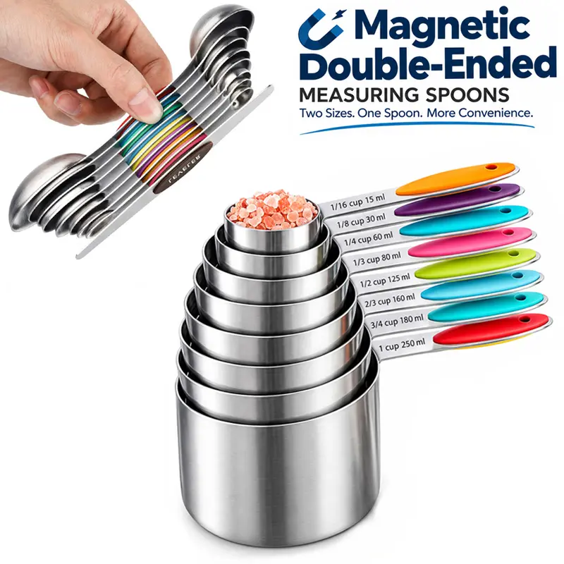 17-Piece Stainless Steel Magnetic Measuring Cups and Spoons Set - Kitchen Measuring Utensil with Silicone Anti-Slip Grip Handles, Metric Marks, Multi-Size for Food Ingredient Measurement