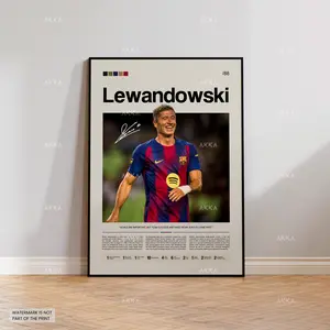 Robert Lewandowski Poster, FC Barcelona Wall Art, Framed La Liga Soccer Décor