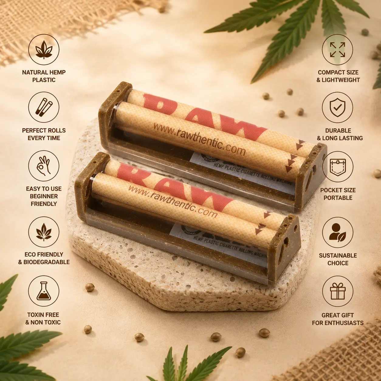 Raw Natural Rolling Papers Hemp Plastic Cigarette Rolling Machine, 110mm King Slim Size, 2 Count (Pack of 1)