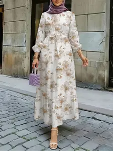 Elegant Women's Floral Print Dress, Elastic Waist Patchwork Hem, European and American Style, New Arrival, Arabic Design, For Muslim