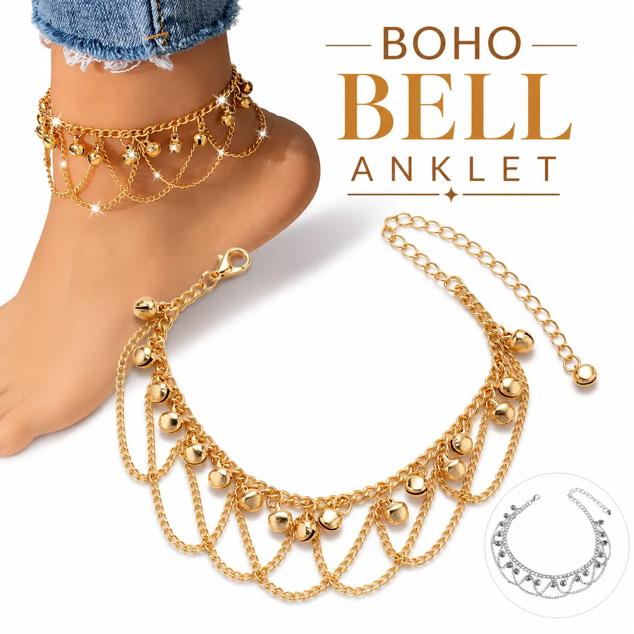Boho Layered Bell Anklet for Women, Gold/Silver Tone Adjustable Beach Foot Jewelry, Summer Vacation Chain Charm Anklet