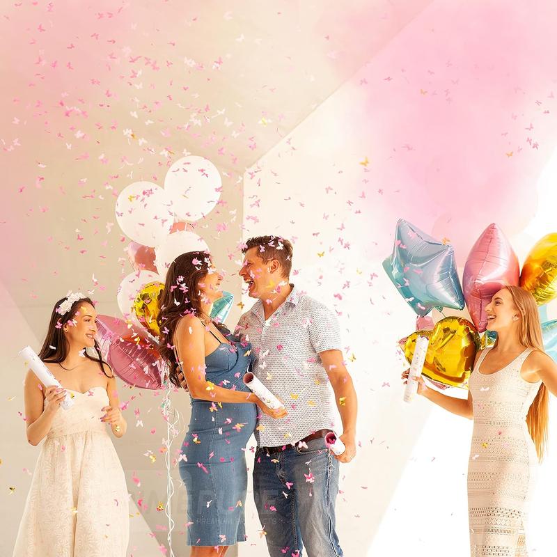 Gender Reveal Confetti Cannon - Biodegradable Powder & Butterfly Shaped Confetti Poppers - Pink 4 Pack - Baby Girl Gender Reveal Smoke Bomb Party Poppers