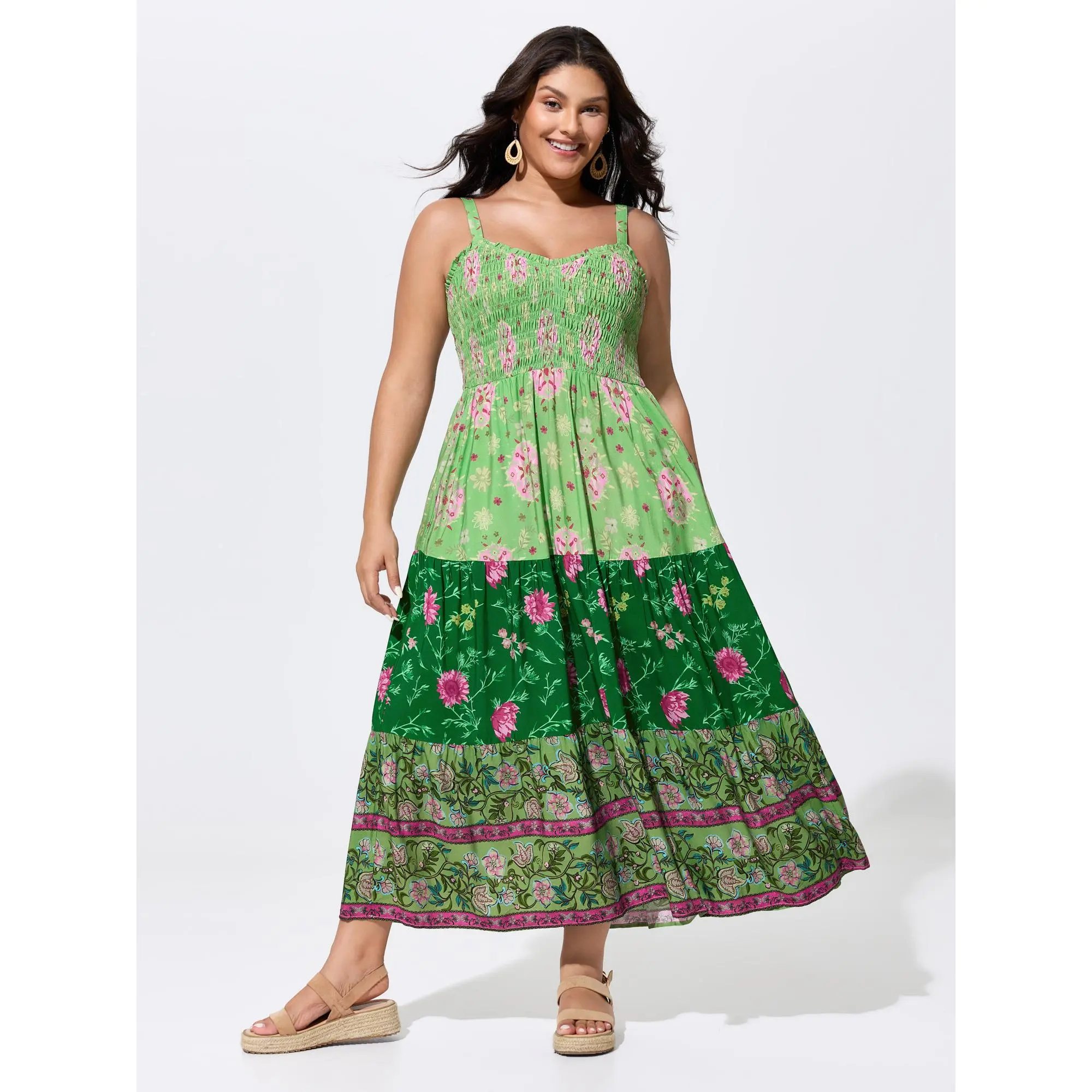 BloomChic Women's Plus Size Bohemian Floral Sleeveless Maxi Dress in Comfy Rayon with Pockets, Tiered Smocked Color Block for Summer, Plus Size Clothes, Rayon Fabric, Smooth, Flowers, Flattering Cut, Colorful Floral Motif Casual Dresses, Floral Print