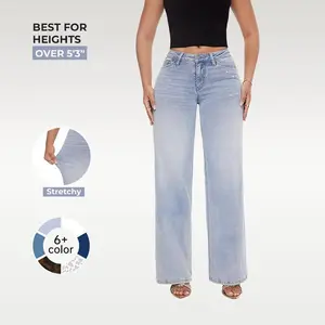 Women's Mid-Low Rise Stretchy Baggy Jeans Wide Leg Distressed Denim Pants Curve Hugging 8001 Style Classic Baggy Fit XS-XL