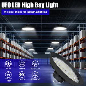 11 in 150W Black LED UFO High Bay Light 18000 Lumens 0-10V Dimmable 5000K Daylight Waterproof IP65 Lamp Fixture Industrial