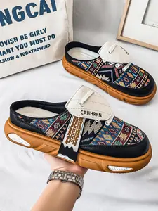 Summer New Ethnic Style Men's Retro Geometric Jacquard Shoe Face, Colorblock Thick Sole, Slip-On, Breathable, Casual Half Sandals, Half Slipper Mules